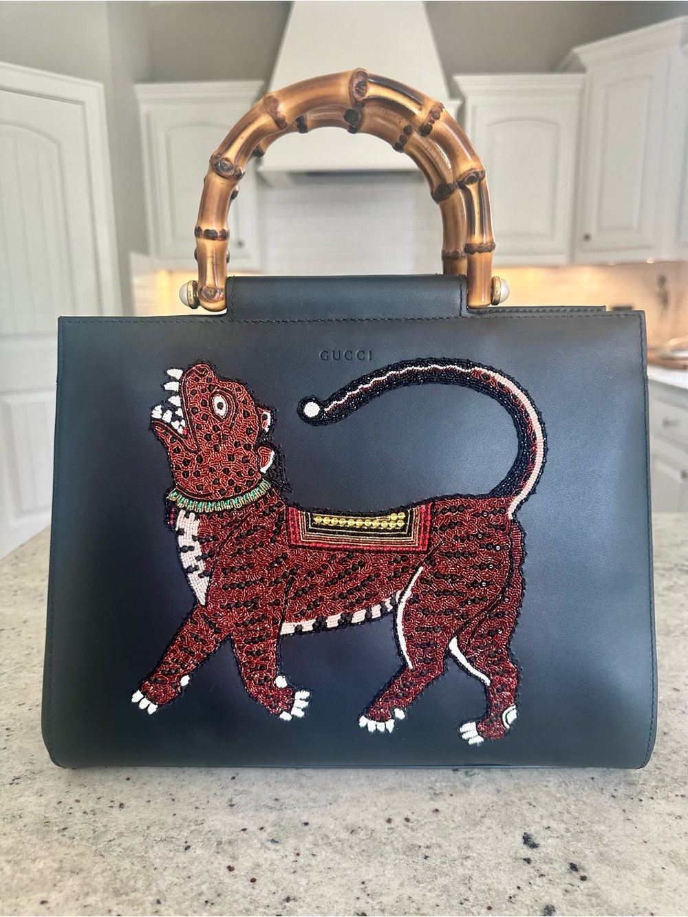 🐅 GUCCI Nymphaea Leather Handbag - embroidered glittery tiger, bamboo handles